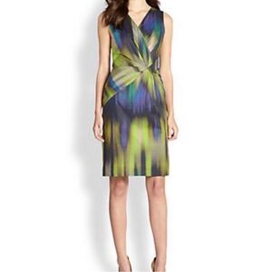 Lafayette 148 LAUREL Green Watercolor Brushstroke Faux Wrap Sheath Dress